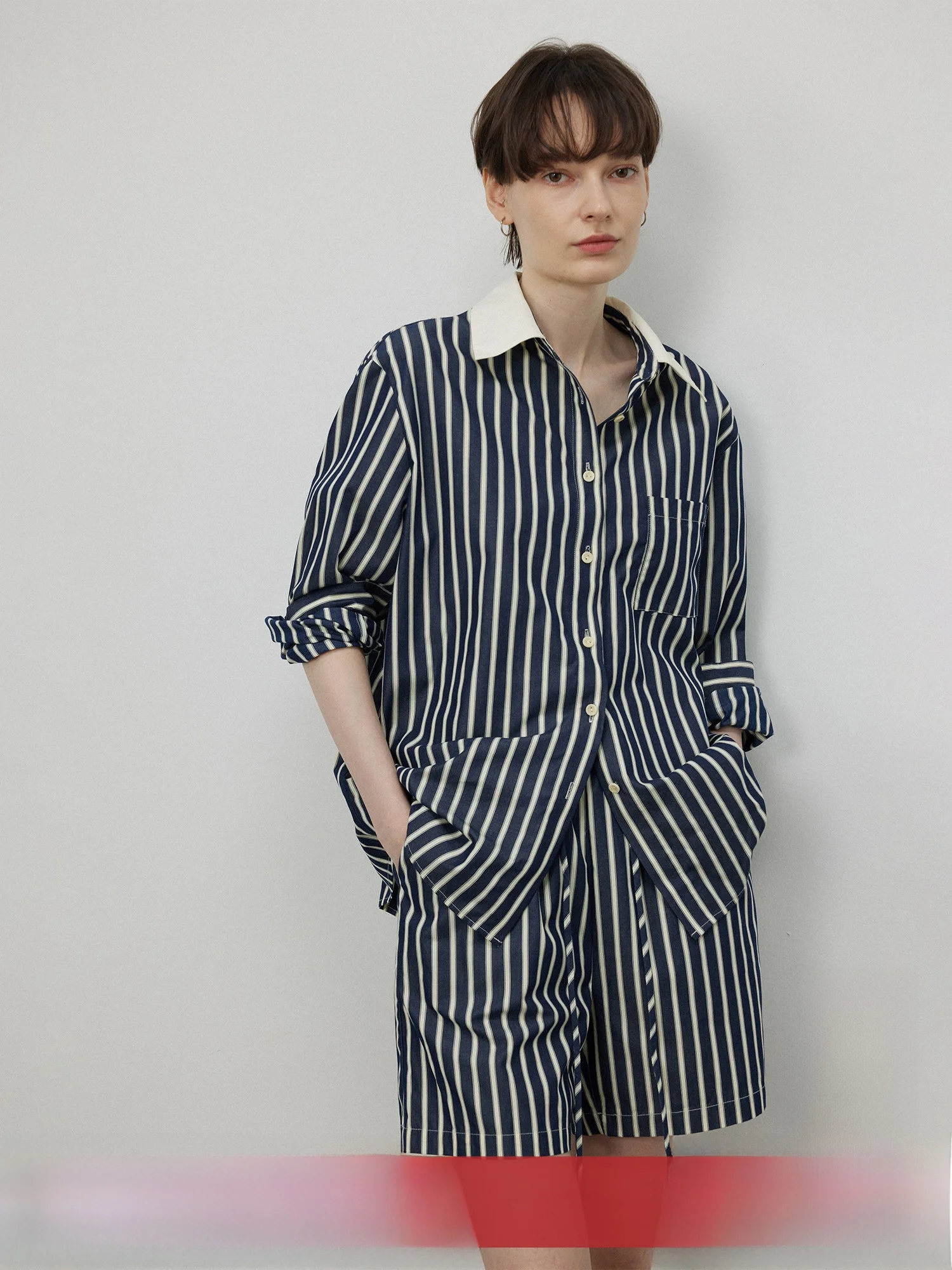 

Sonders Color Blo Loose Striped irt Elastic Waist ort Pants Women's Faion Set Long Sve Button Closure Cotton Blend