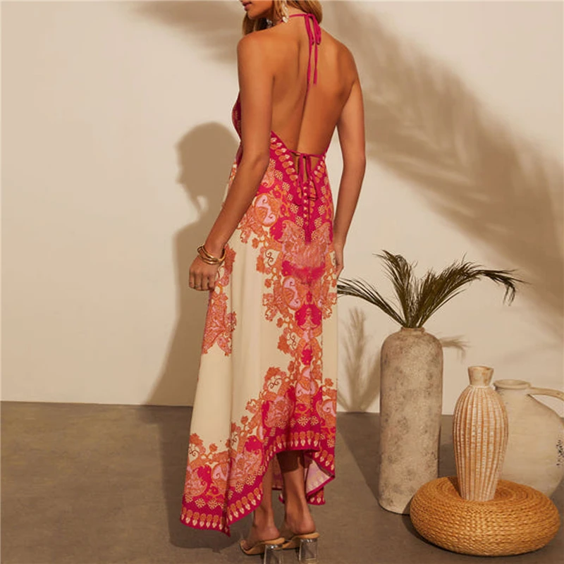 Summer Halter Stylish Floral Print V Neck Sleeveless Loose Fit Long Dresses Sexy Elegant Party Dresses Red Women's Clothing