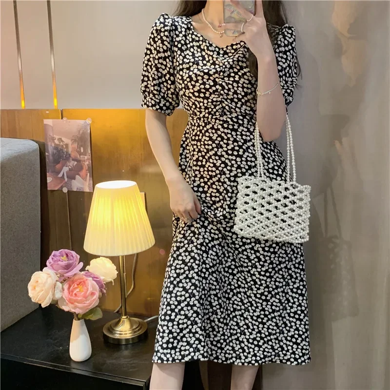 Vestidos De Verano Mujer 2022 New Summer One-piece Dress High Waist French Style Elegant Bubble Sleeve Floral Dress Short Sleeve