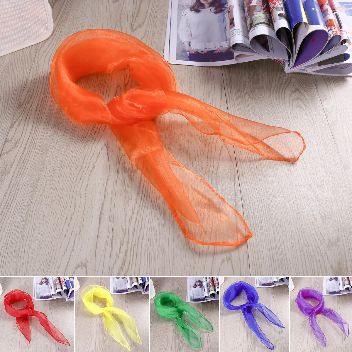 

12Pcs Hemmed Square Silk Juggling Scarves 60x60cm Red Yellow Orange Blue Purple Dance Performance Kindergarten Gift