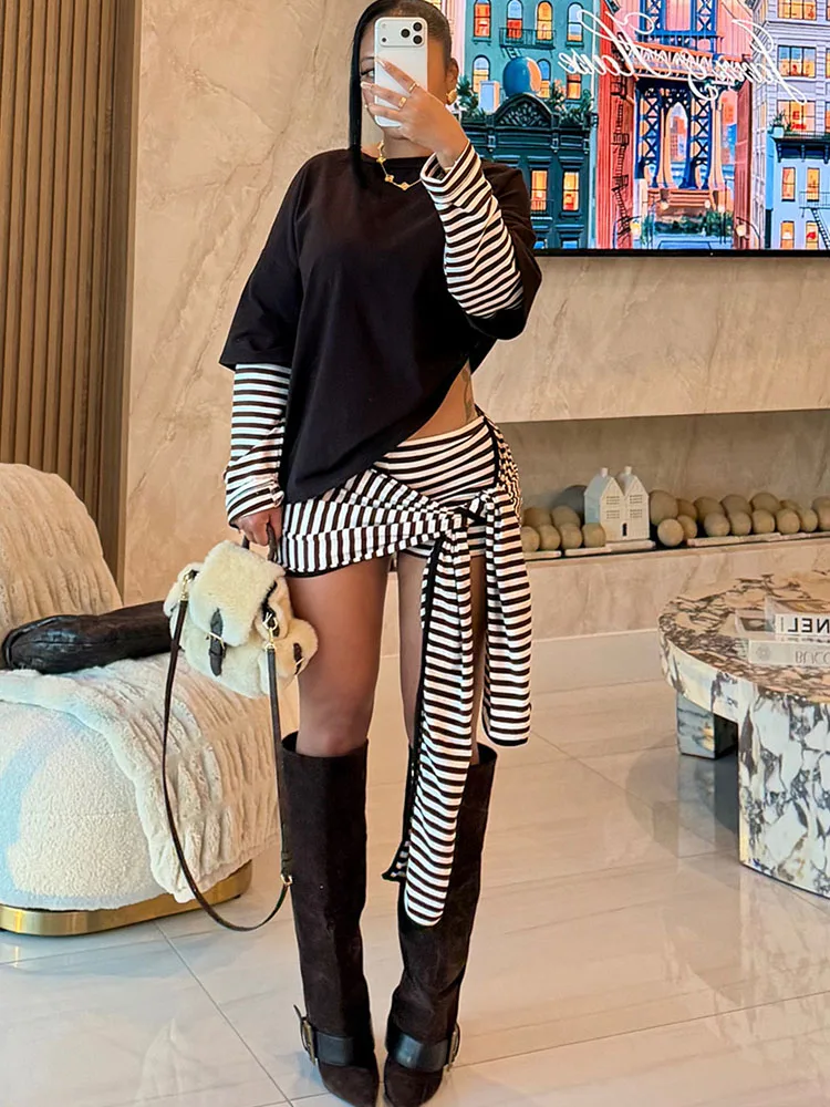 Doyerl Striped Patchwork Two Pieces Set Woman Outfit 2026 Streetwear Long Sleeve Shirt Top and Lace-up Shorts Matching Sets