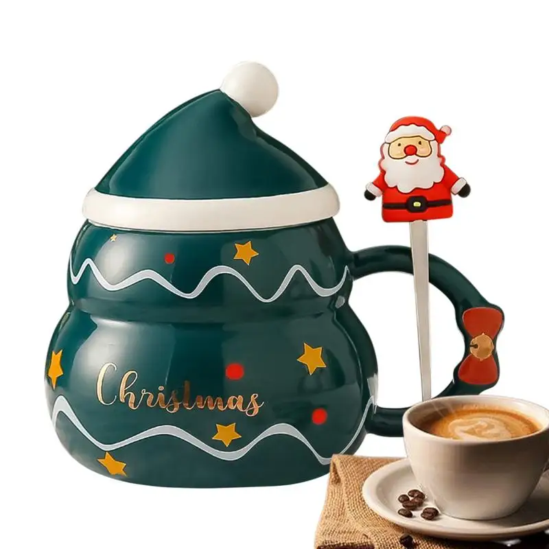 Christmas Tea Cup 500ml Ceramic Milk Cup With Christmas Hat Lid And Santa Spoon Juice Cup With Handle For Women Girls Aesthetic