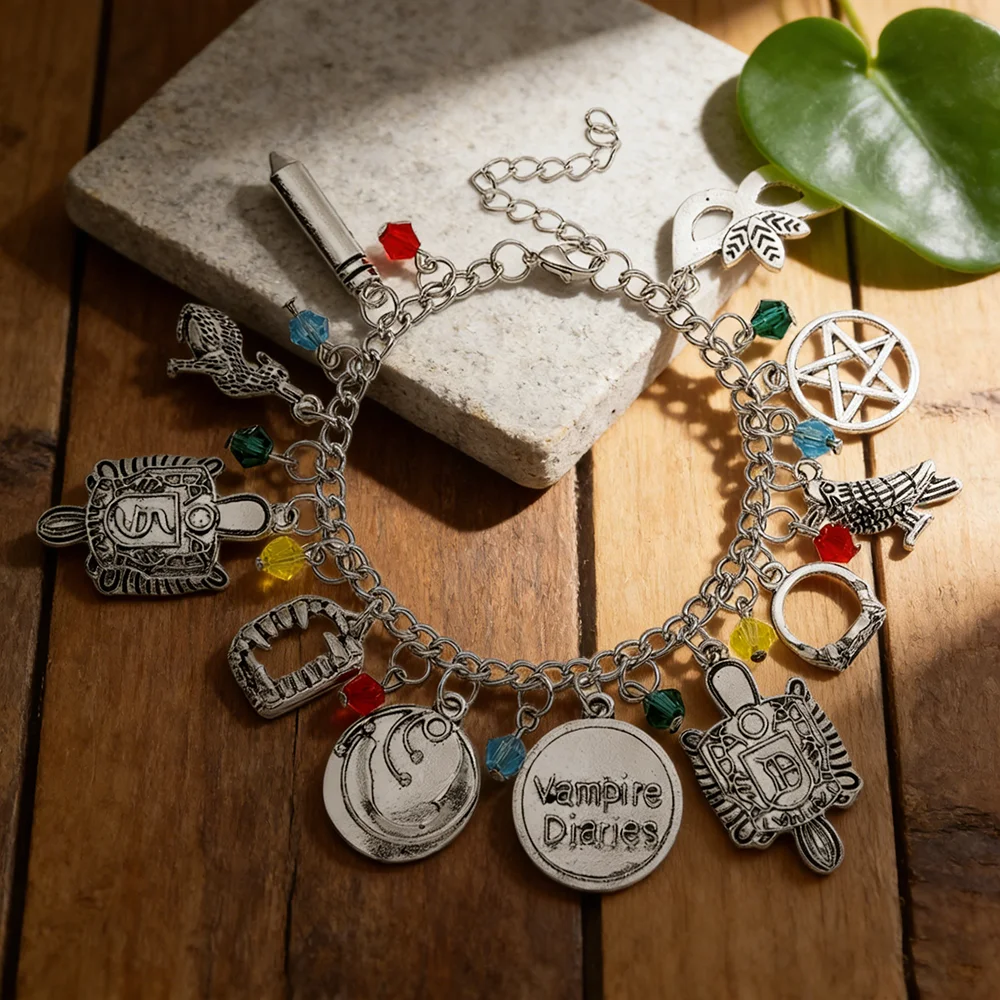 Hand Carved Jewelry The Vampire Diaries Inspired Charm Bracelet lena Stefan Damon Fandom Gift For Women Christmas Jewelry Gifts