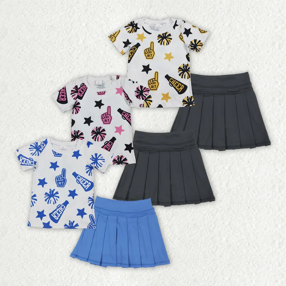 

Wholesale Baby Girl Short Sleeves Cheer Shirt Infant Gold Leather Elastic Skirt Set