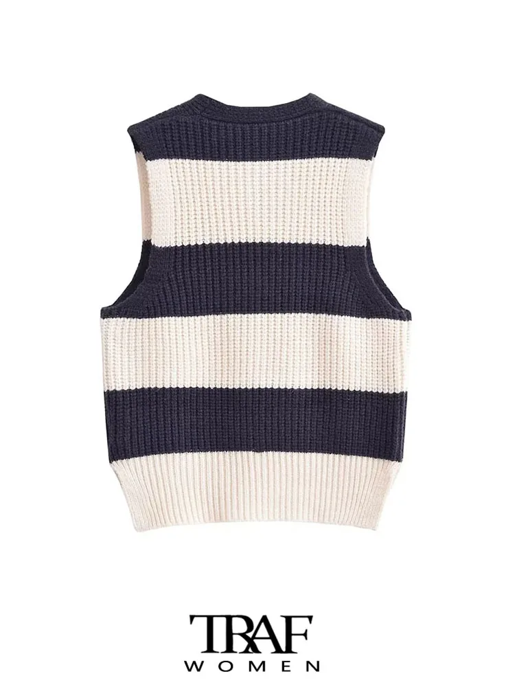 TRAF Women Fashion With Split Hem Striped Knit Vest Sweater Vintage V Neck Sleeveless Female Waistcoat Chic Tops