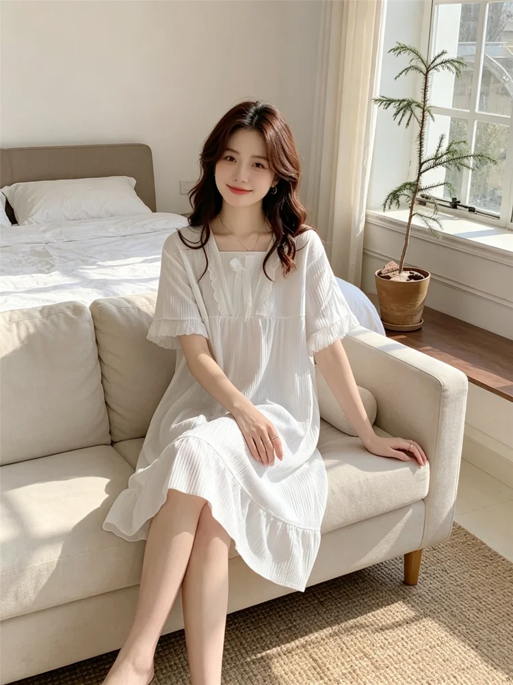 Retro Solid color Pajamas Dresses Sleepwear Sweet  Night Dress Women Nightgown Short Sleeve Lingerie Lace Patchwork Nightie