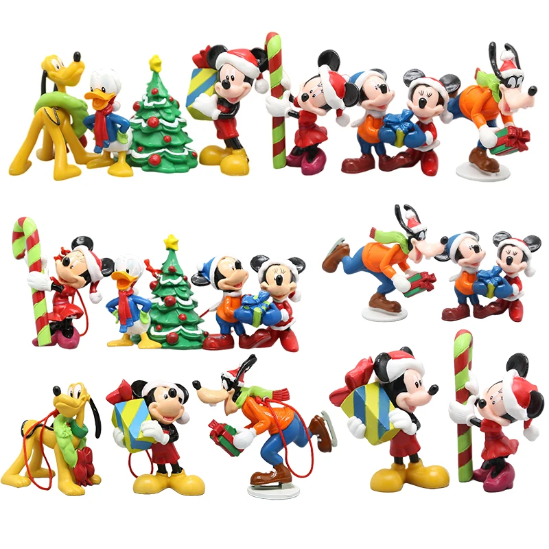 6pcs Christmas Mickey Minnie Mouse Kawaii Figure Doll Toys Desktop Ornament Anime Fashion DIY Cake Decoration Holiday XMAS Gifts
