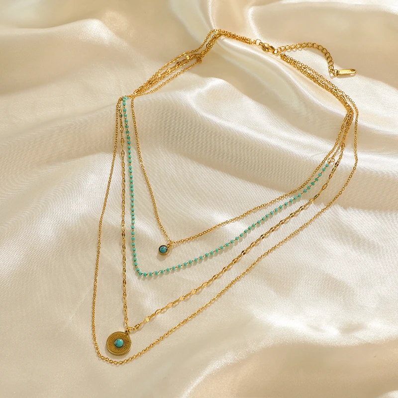 EILIECK 316L Edelstahl-Schmuck Mehrschichtige Halsketten mit grünem Steinanhänger für Damen Vintage Choker Halsketten-Accessoires – Detail 21