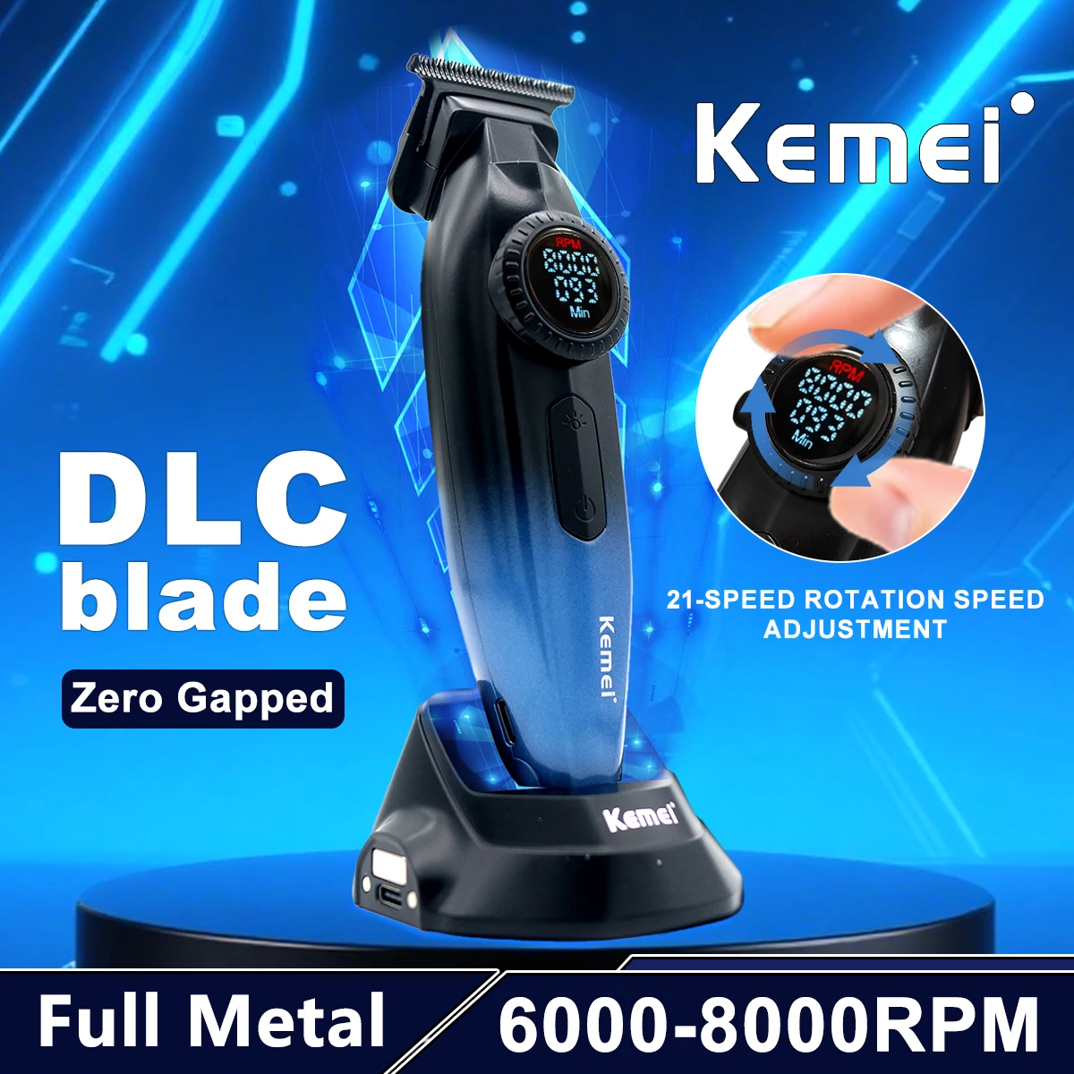 

Kemei KM-1868 Триммер для мужчин DLC Blade Zero Gapped 8000 об/мин Цельнометаллический ЖК-дисплей с базовым зарядным устройством Триммер Финишная машина