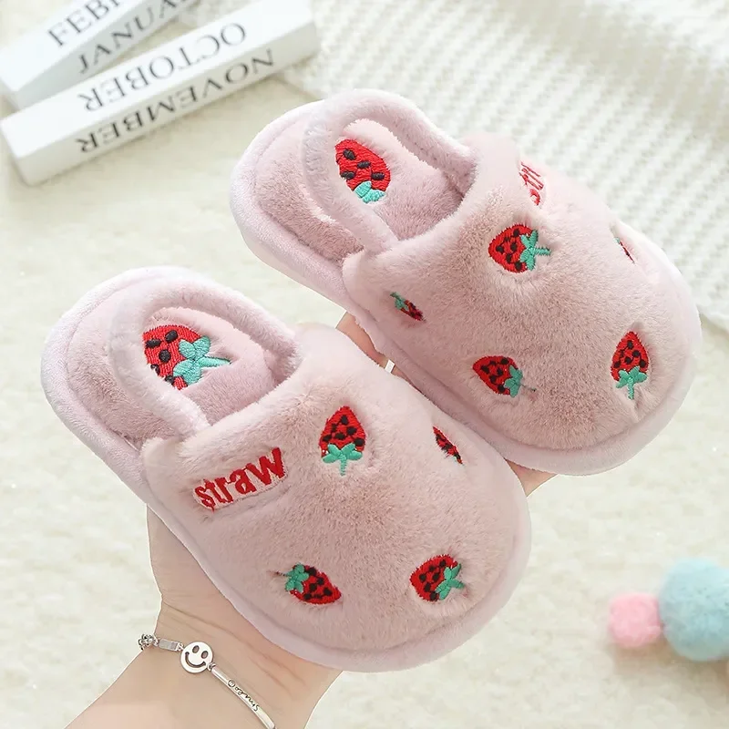 2023 Baby Autumn Winter Children Girls Fruit Print Indoor Home Fleece Fur Warm Slippers Boys Kids Non-Slip Toddler Cotton Shoes