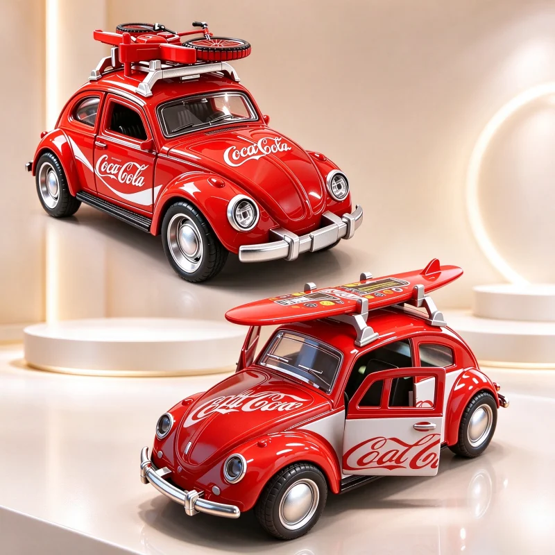 1:36 Scale Retro Classic Beetle Diecast Car Model Set, 2 Styles Alloy Vehicle with Surfboard & Bike Roof Decor, Pull Back Metal