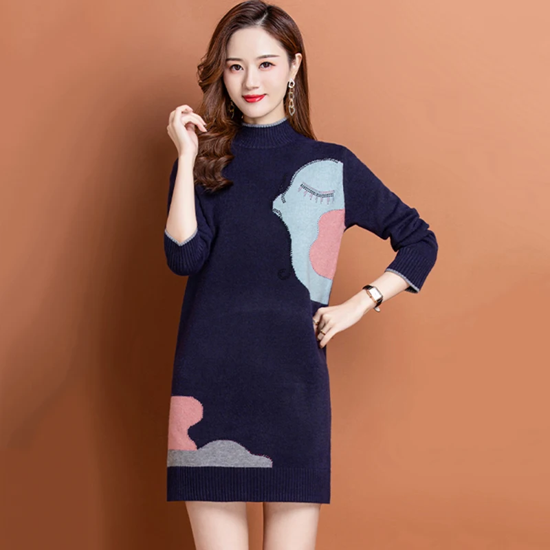 

New Women Casual Loose Sweater Autumn Winter Fashion Half High Collar Long Sleeve A-straight Sweater Print Knitted Pullover Tops