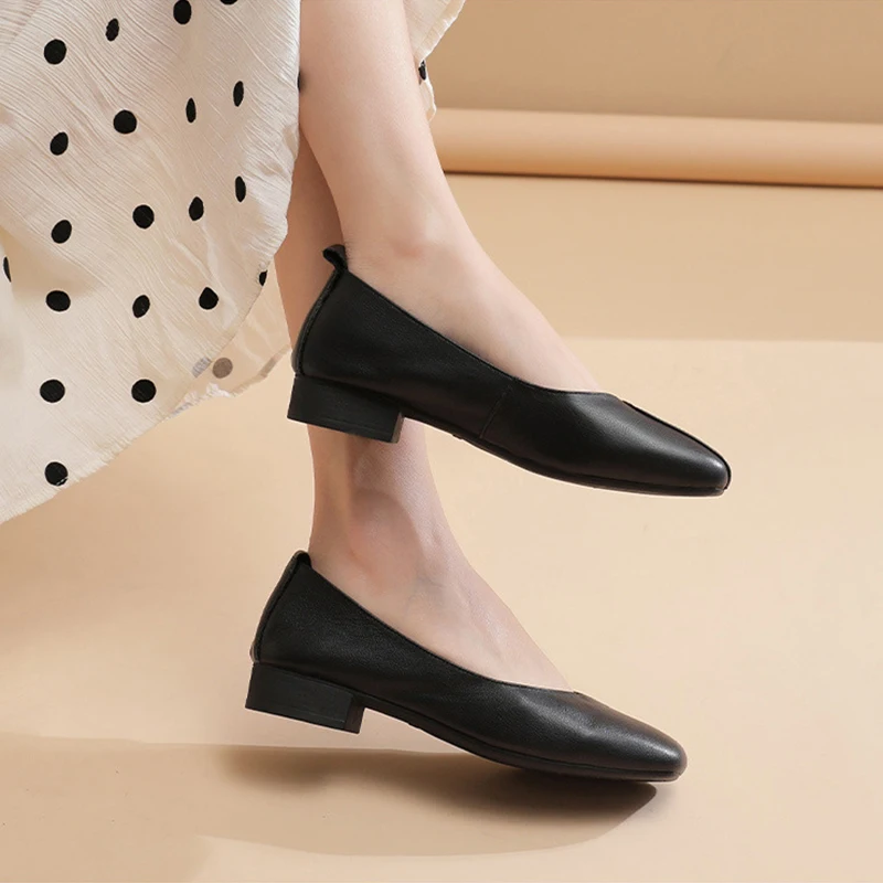 Taoffen Low Heel Pumps Genuine Cow Leather Square Toe Chunky Heel Soft Office Lady Work Shoes Elegant Slip On Casual Flat Shoes