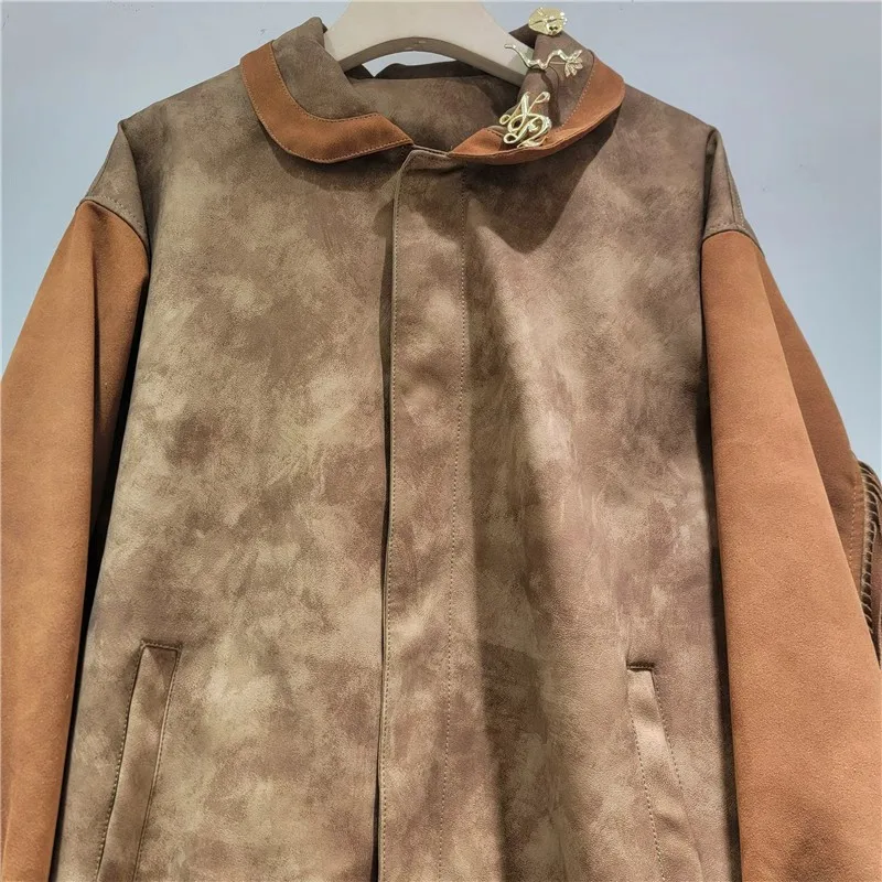 سترة جلدية أمريكية جديدة موديل 2025 ذات هامش عتيق سترة بيسبول بنية عالية الشارع للنساء معطف شتوي للنساء #3