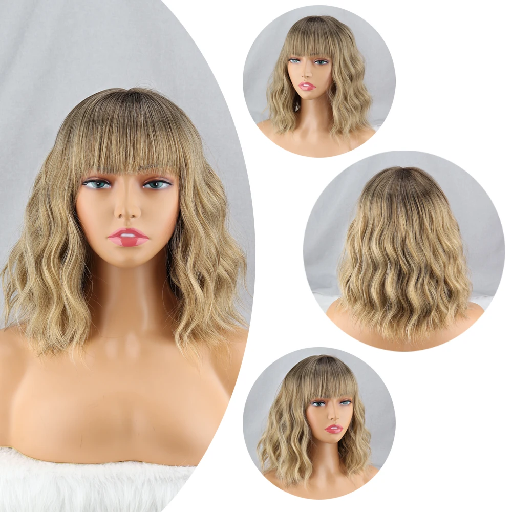 Short Platinum Bob Synthetic Wigs Black Pink Blonde Omber Wavy Wig Dark Roots with Bangs For Women Daily Wear Natural Cosplay