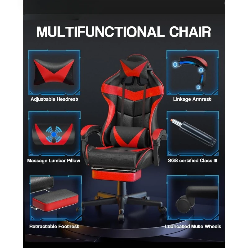 Rote Gaming-Stühle mit Fußstütze, Racing-Gaming-Stuhl, Computer-Gamer-Stuhl, ergonomischer Game-Stuhl
