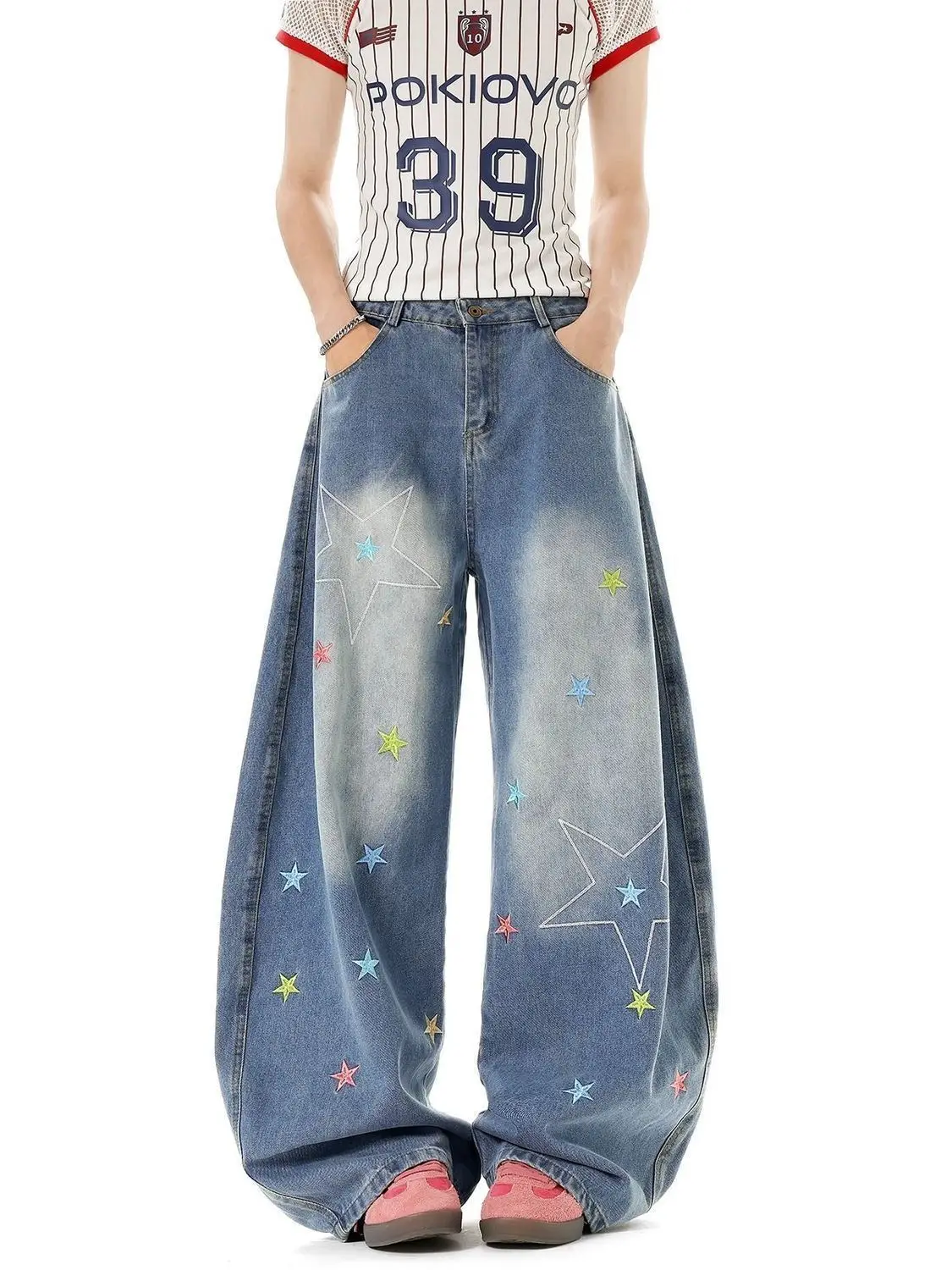 Vintage americano estrela bordado perna larga denim calças femininas 2025 solto cintura alta em linha reta fino ajuste arrastando streetwear jeans