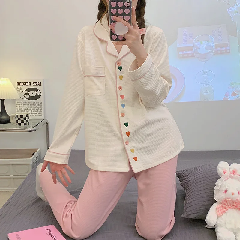 Women\'s 2 Pieces Pajamas Set Female Pyjama Cotton Pijama Women Long Sleeve Heart Shirt Pants Suit Sleepwear Homewear Nightwear