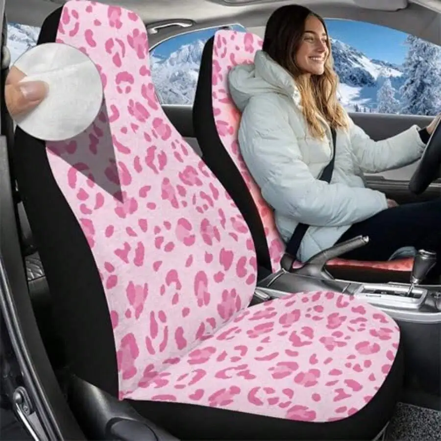 

Pink Leopard Print Car Seat Cover Set For Front Seats Universal Soft Fluffy Auto Interior Accessory