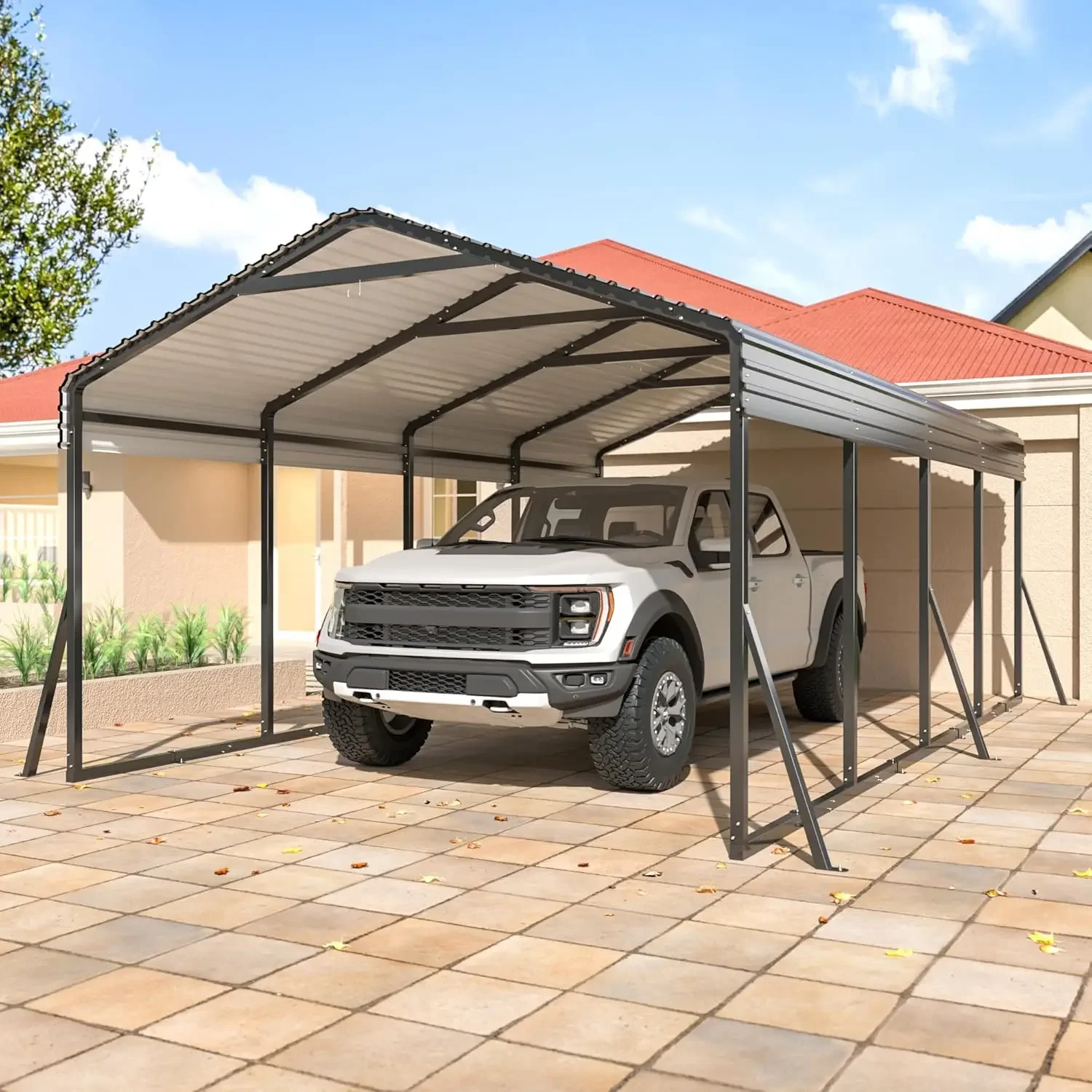 Carport 12x20 FT Metal Carport with Reinforced Base Outdoor Heavy Duty Garage Galvanized Car Shelter for Pickup, Boat