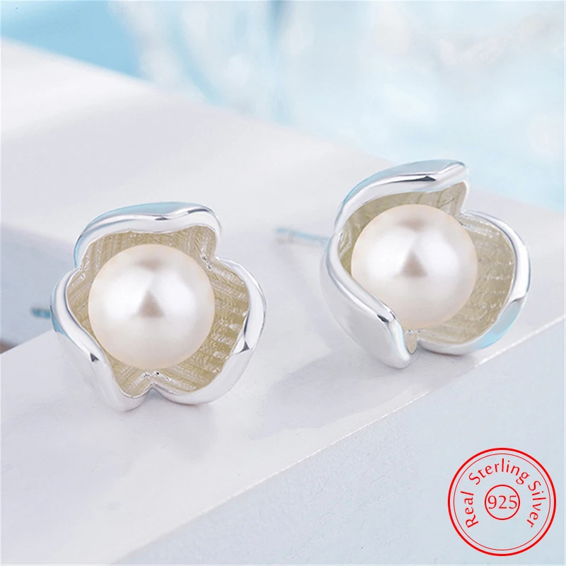 

Pure 925 Sterling Silver Women's High Quality Fashion Jewelry Flower Pearl Stud Earrings New XY0296