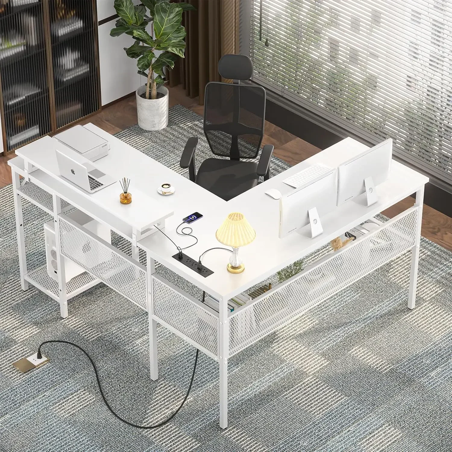 Reversible L Shaped Desk with Power Outlets and Smart LED Light, 55 Inch Computer Office Desk, Unique Grid Design