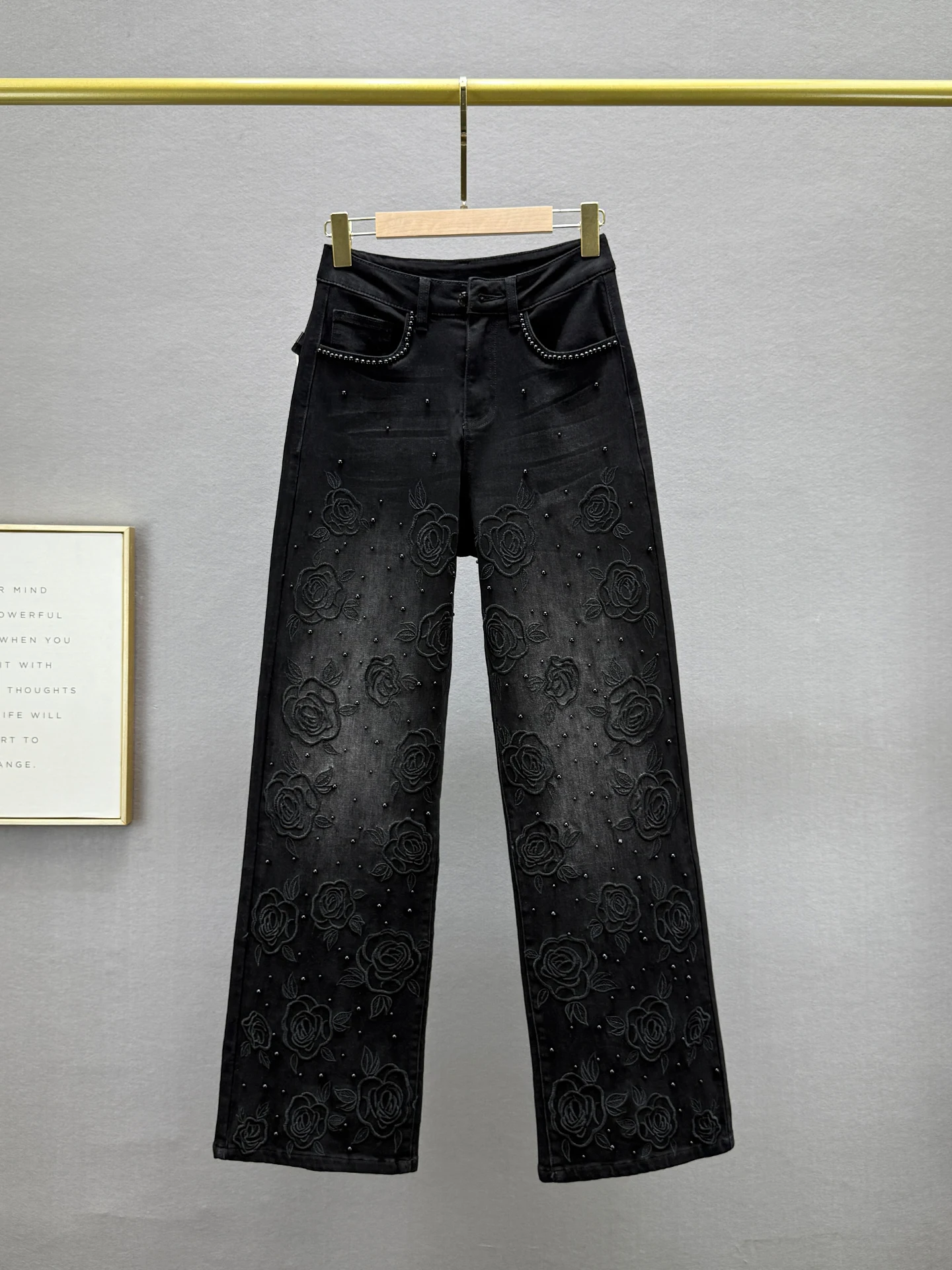 

Black High Waist Straight Leg Denim Jeans Women's Cotton Stretch Embroidered Long Pants Fall New Style Slimming Floor-Length