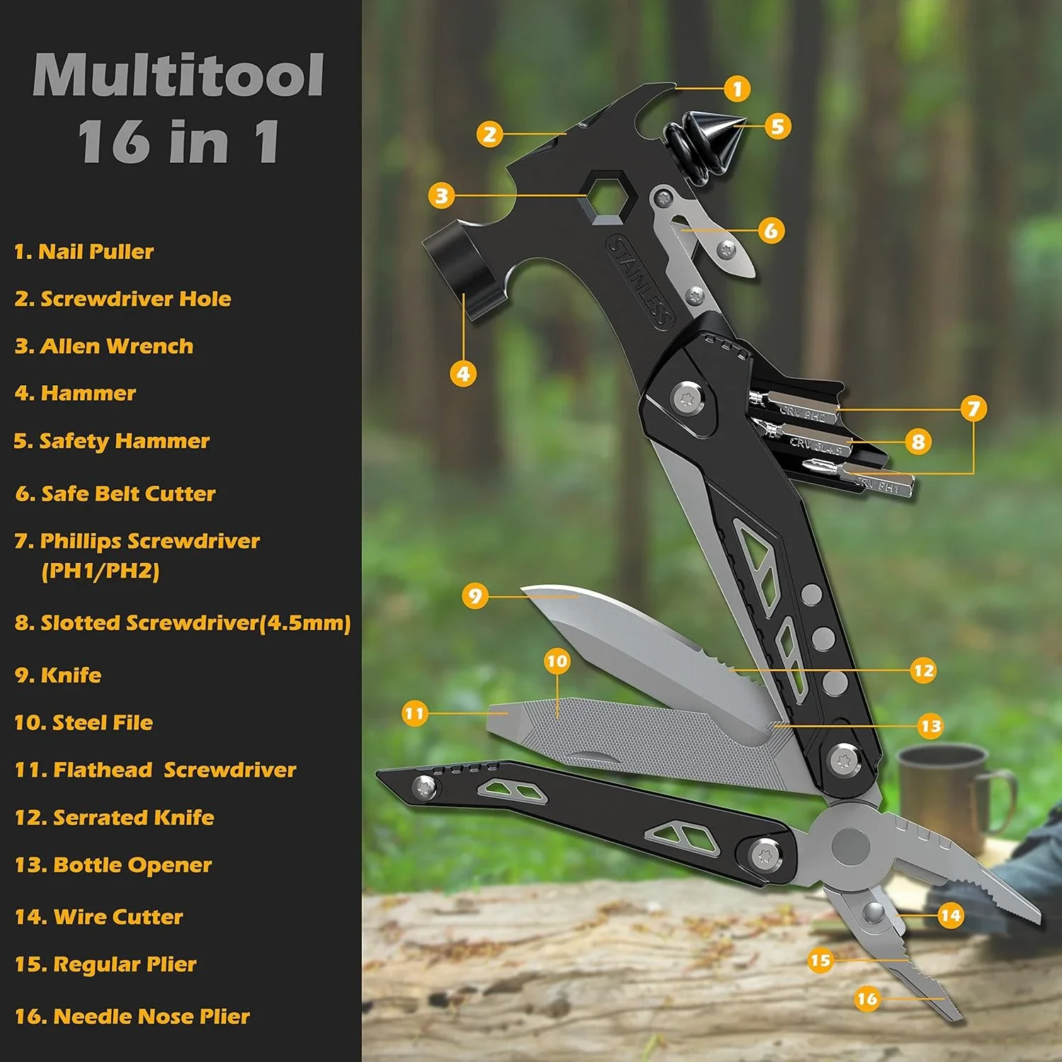 Outdoor 16-in-1 Multitools Hammer Portable Car Camping Survival Tool with Window Breaker Seatbelt Cutter Survival Gear&Supplies