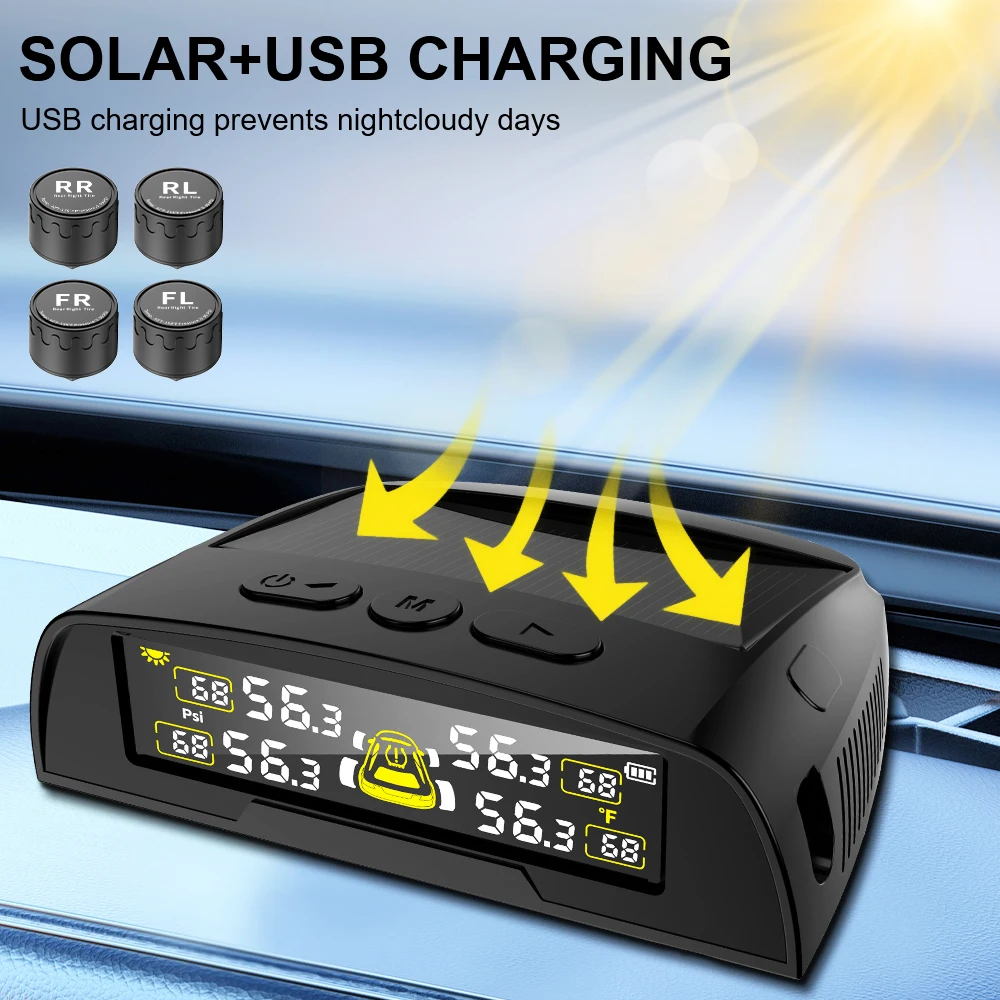 Car Tire Pressure Monitoring System 0-6.8Bar Tyre Temperature Monitor Digital Display USB/Solar TPMS Universal