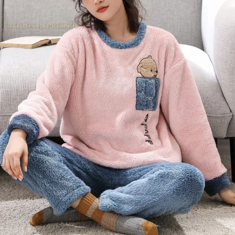 Winter New Plush Women\'s Pajamas Sets Thick Fleece Cartoon Printed Sleepwear Velvet Homewear Kawaii Girsl Pijamas Mujer Pyjama