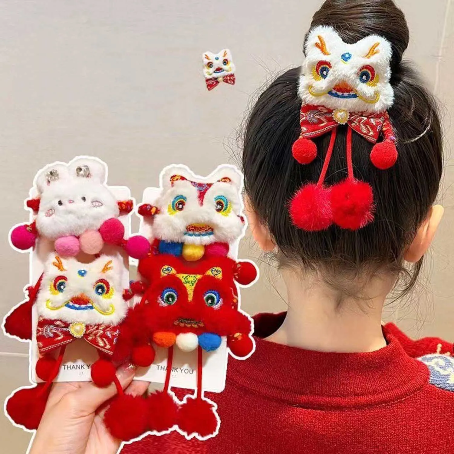 

New Chinese Style Girls Baby Hair Ties Chinese New Year Hair Accessories Embroidery Lion Tassel Rubber Band Elastic Scrunchies