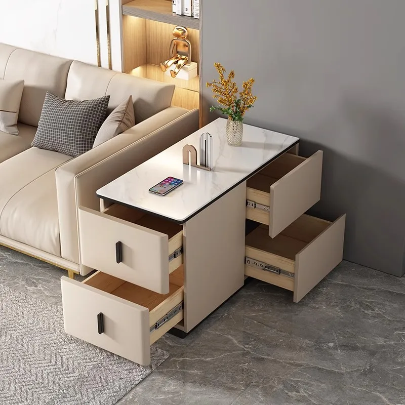 A few solid wood cream wind floor side cabinets on the side of the sofa, light luxury rock slabs can be moved