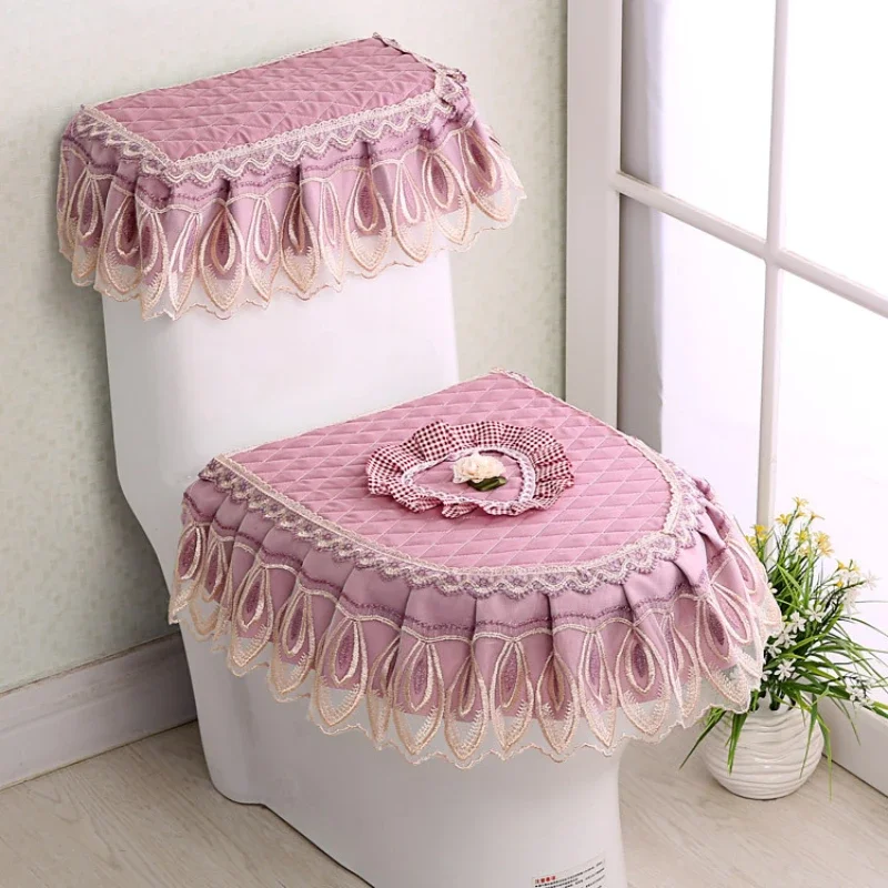 2023 Fabric Golden Velvet Lace Toilet Set Three Piece European Solid Color Flower Toilet Cushion Dust Cover Bathroom supplies