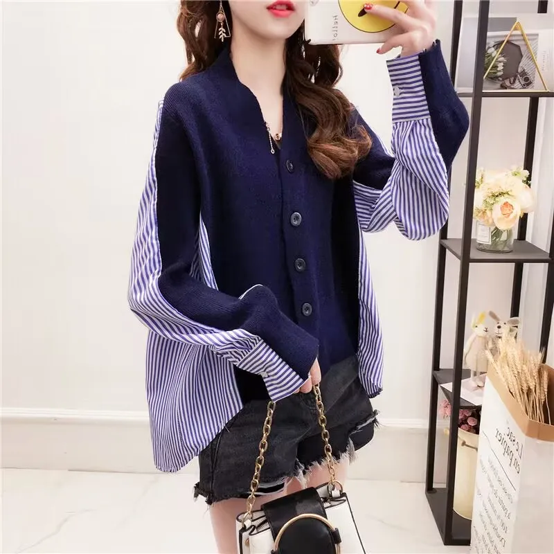 2023 Striped Shirt Patchwork Knitted Sweaters V-neck Cardigan Fashion Long Sleeve Spring Autumn Knitwear Sweater Casual Shirt