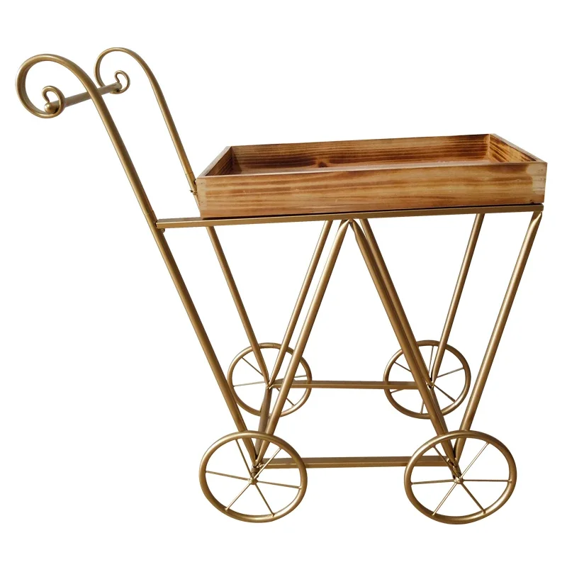 Vintage ironwork solid wood fashion wine cart creative mobile small dining car bookshelf birthday party cake cart