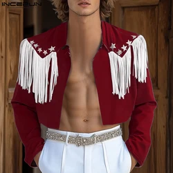 INCERUN Tops 2025 American Style Fashion Men's Tassel Star Pattern Shirts Sexy Casual Cropped Long Sleeved Lapel Cardigan Blouse