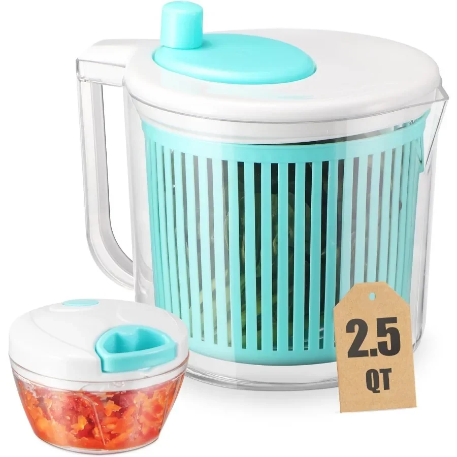Spinner para ensaladas de 2,5 cuartos con juego picador incorporado y colador para una preparación eficiente de vegetales, plástico compacto para frutas y hierbas