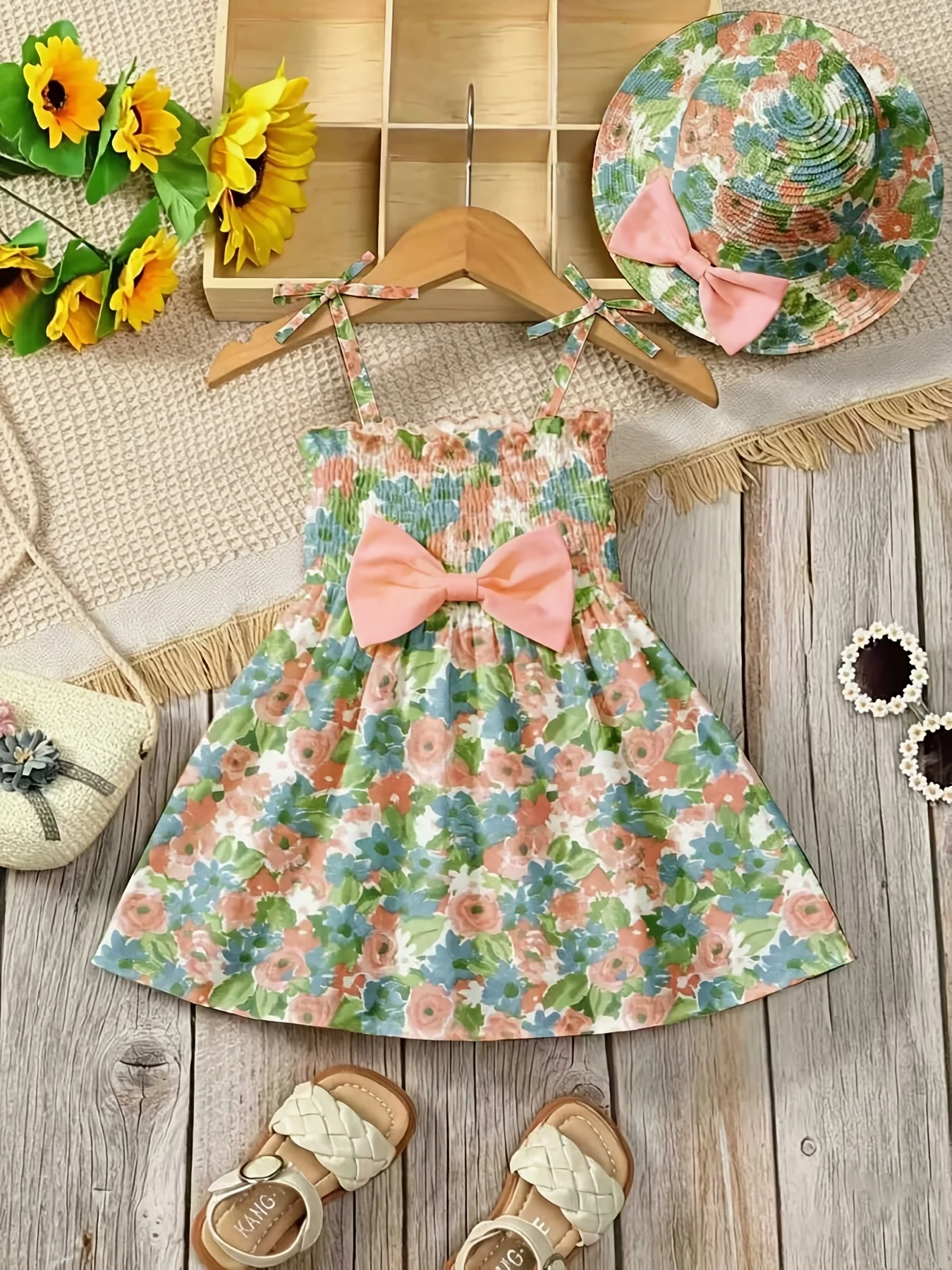 Mädchen Lässiges Bequemes Trägerkleid mit Quadratischem Ausschnitt Ärmellos Schleife Blumendruck Kleid Top Kinder- und Damenmode – Detail 5