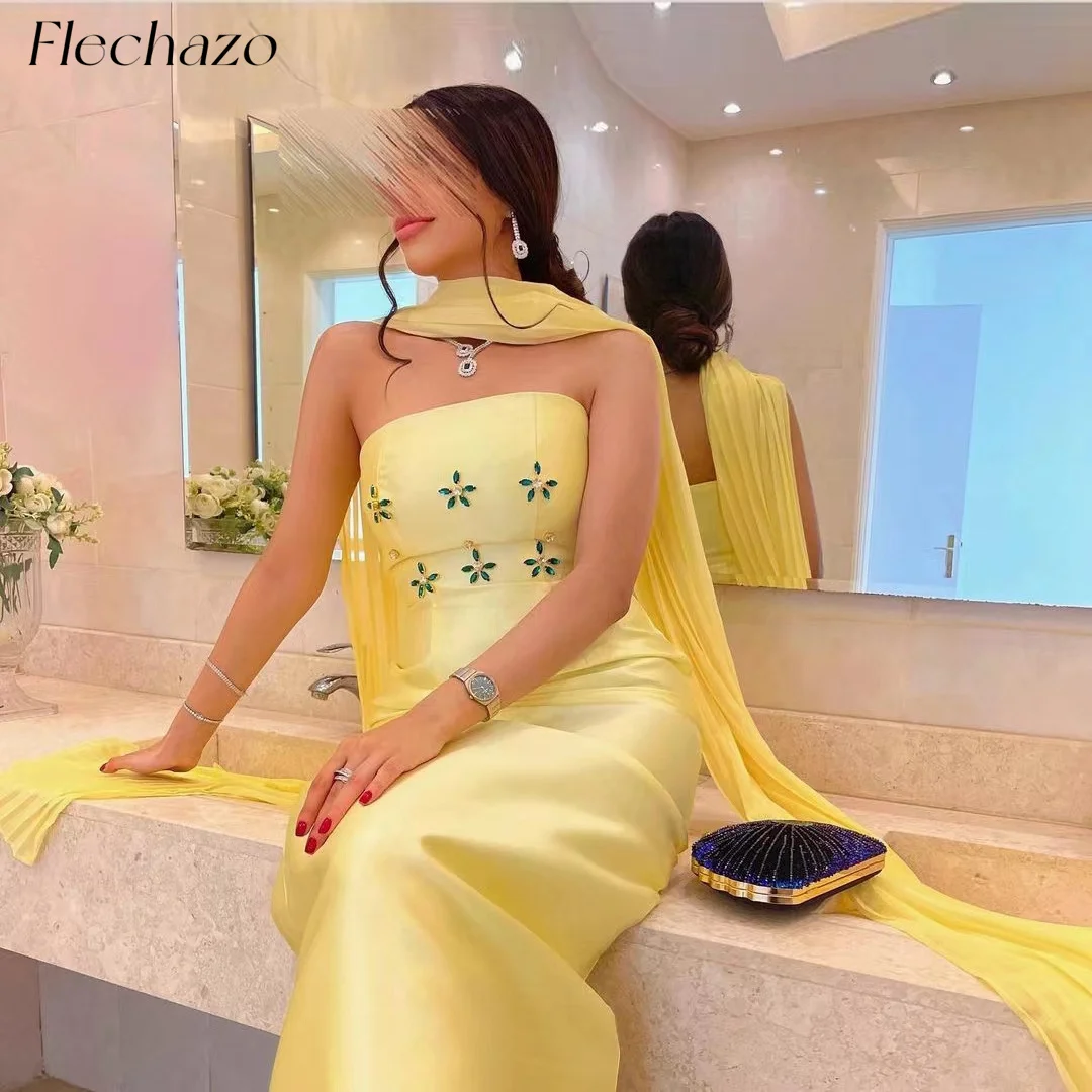 Flechazo-vestidos de cetim amarelo para mulheres, vestido sereia sem alças, cristal verde frisado, vestido de festa formal, gala, 2024