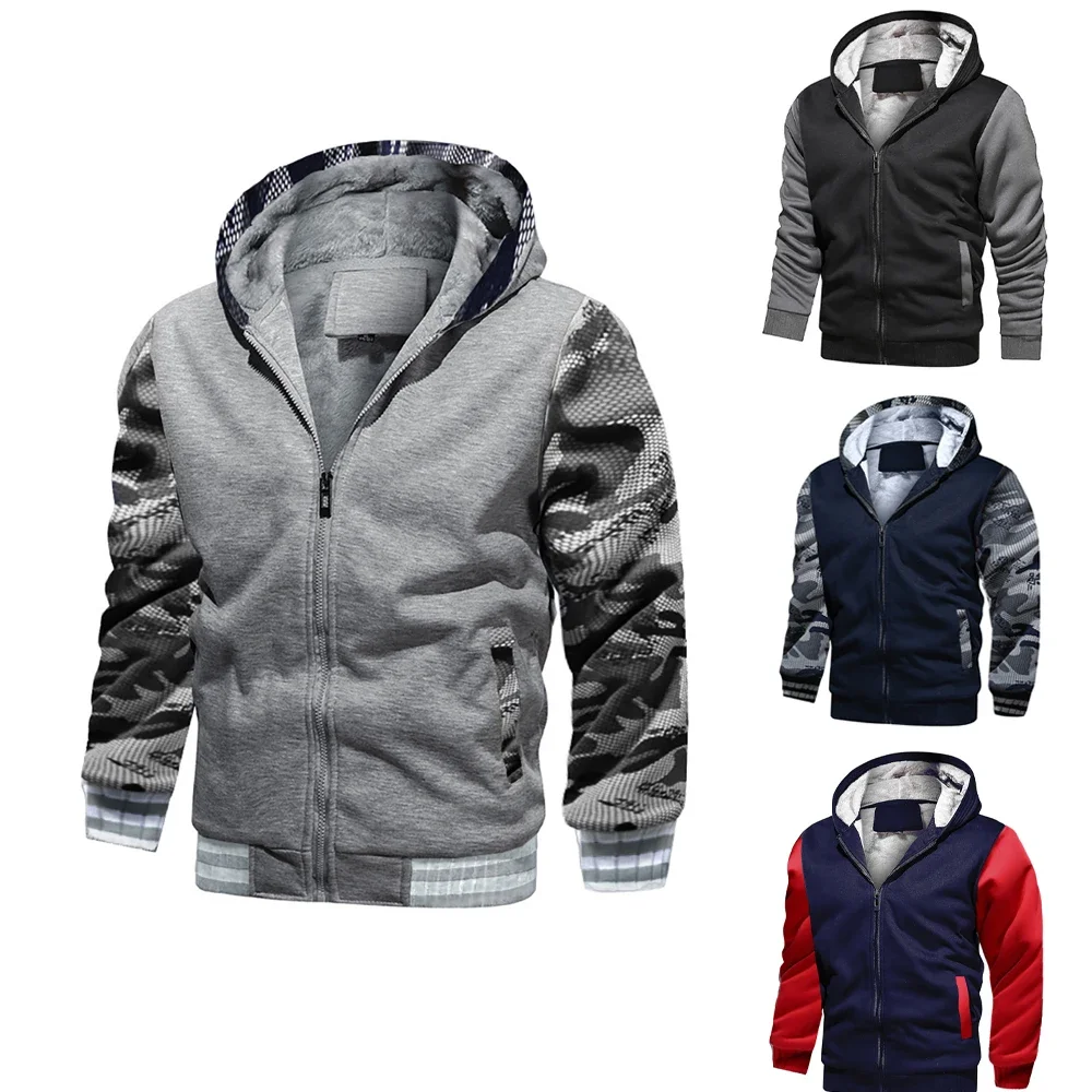 

Thick Fleece Jackets Winter Warm Jacket Male Camouflage Zipper Jackets Solid Color Streetwear Coats Hoody Coat Thicken Hoodies