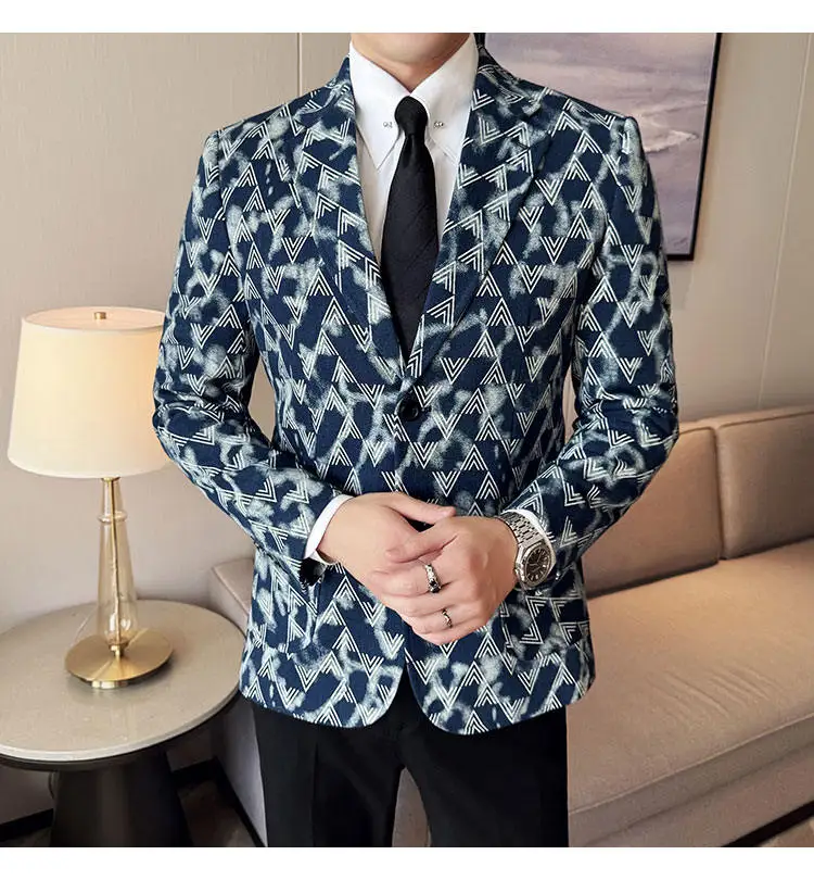 New Men Denim Suit Coats Slim Fit Jacket Black / Blue Fashion Homme Business Casual Printed Dress Blazers