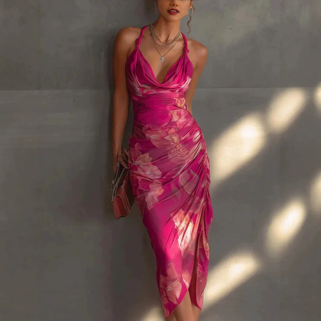 

2026 European and American style camisole backless printed dress, slim fit and slimming, high slit fashion long skirt