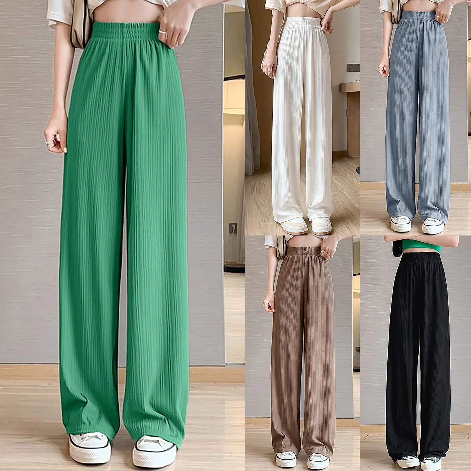 

Summer Cool Ice Silk Straight Pants Women Fashion High Waist Wide Leg Trousers Female Solid Sagging Feeling Baggy Casual Pants