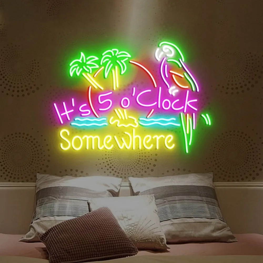 It's 5 O'clock Somewhere Neon Sign Bar Led Sign Parrot Neon Light Cocktail Sign Wall Bar Decor