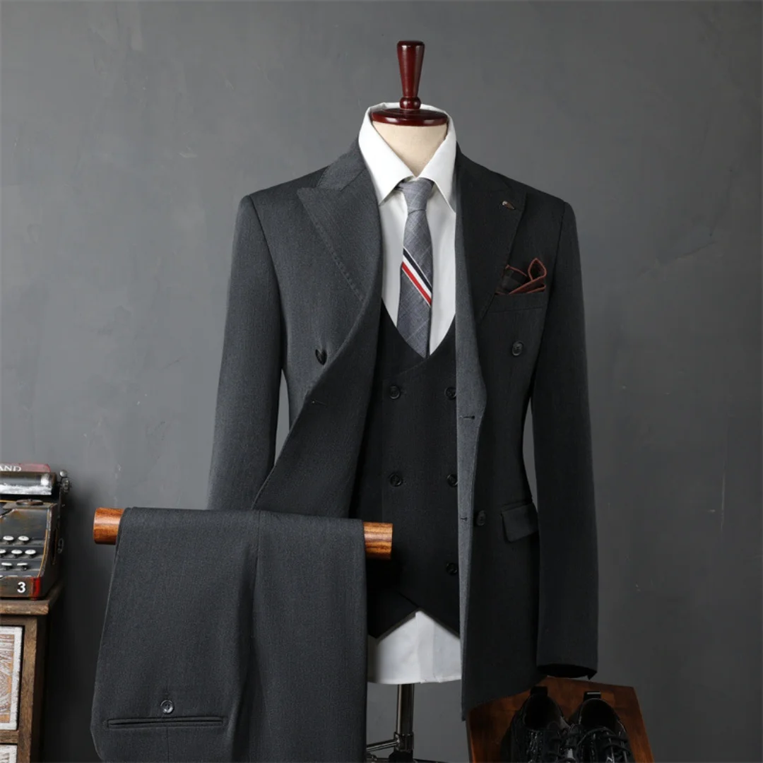 Men's 3‑Piece Suit Jacket Vest Trousers Slim Cut Smooth Elastic Fabric Business Banquet Cocktail Party Gentleman Attire