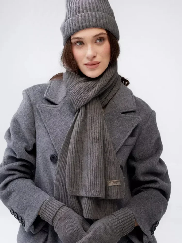 المرأة الخريف الشتاء الدافئة محبوك قبعة الكورية ثلاث قطع مجموعة الأوشحة قفازات قفازات شاشة اللمس بلون المرأة قفازات مجموعات #2