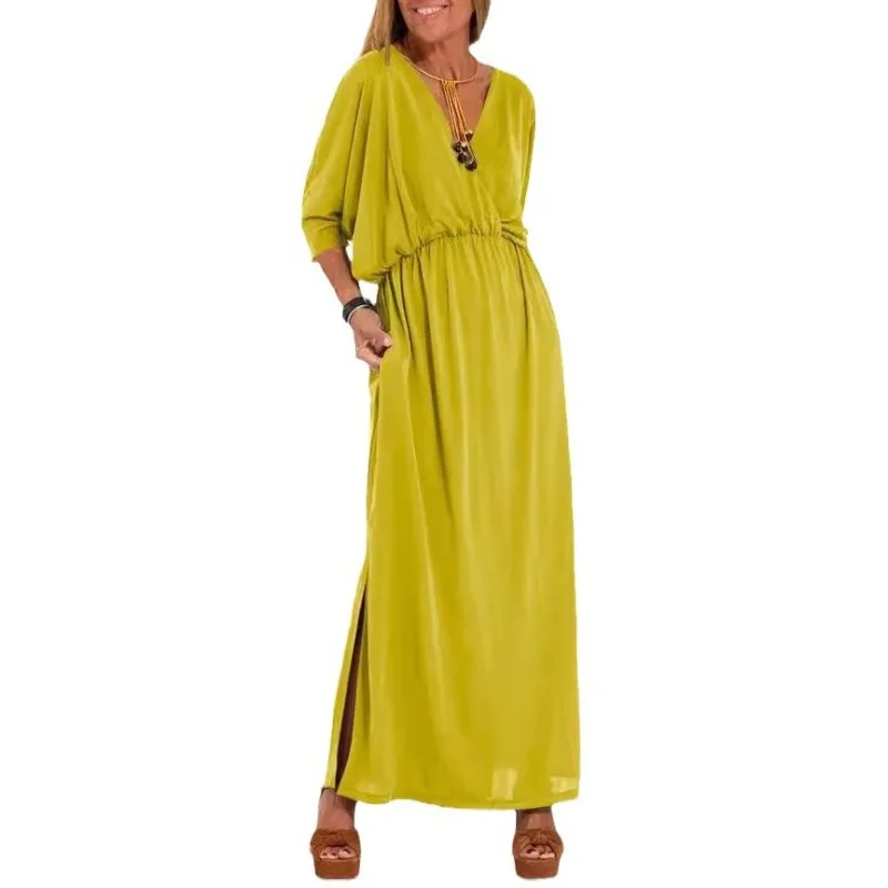Women Spring Summer New Fashion Solid Color V Neck Split High Waist Dress Elegant Daily Party Dresses