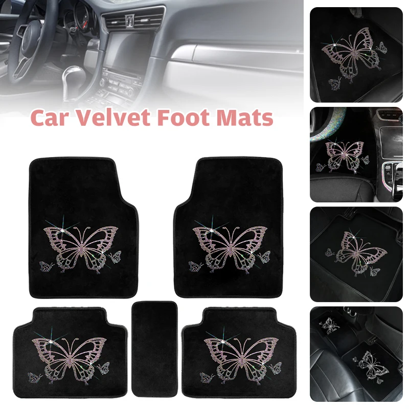 5pcs Car Velvet Foot Mat Inlaid Diamond Butterfly Waterproof Car Carpet Universal Easy To Clean Women's Car Foot Pad Interior