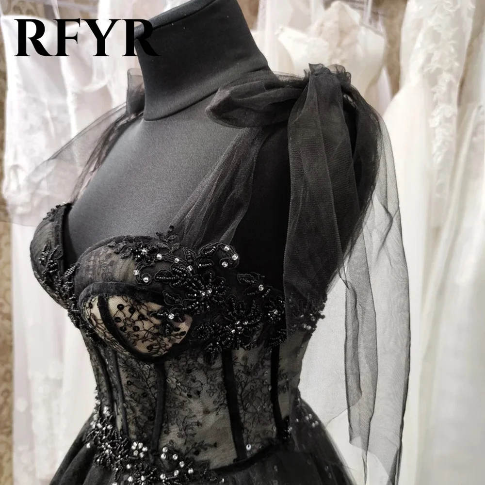 RFYR Spaghetti Strap Woman Black Evening Dress Gown A Line Ball Gown Sweetheart Sequin Lace Formal Night Dress Gown Customized