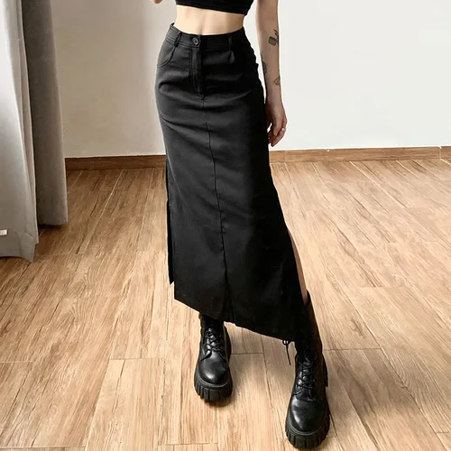 Faldas por debajo de la rodilla góticas para mujer, falda informal Grunge con etiqueta dividida, estilo gótico Punk, falda larga ajustada de elevación alta, ropa de calle Sexy Y2k
